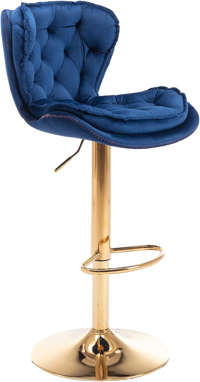 Rhomtree 24-33 Inch Swivel Bar Stools, Adjustable Counter Height Barstools, Velvet Tufted Back and Golden Footrest, Bar Chairs for Kitchen Island, Cafe, Bar, Bar Counter, Coffee(Navy Blue Set of 8)