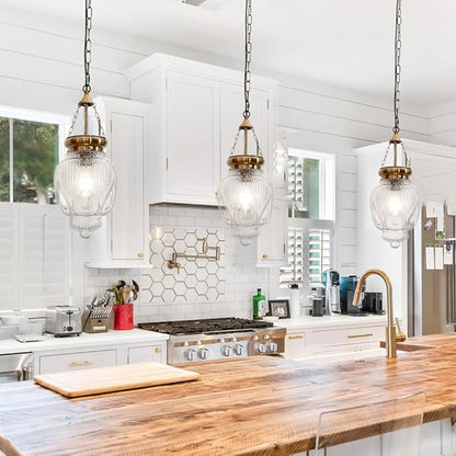 Vintage Brushed Gold Pendant Light with 7.9in Clear Heavy Thick Glass, Farmhouse Bronze Pendant Lights Kitchen Island, Vintage Looking Hall Pendant Light Fixture for Hallway, Bathroom, Bedroom