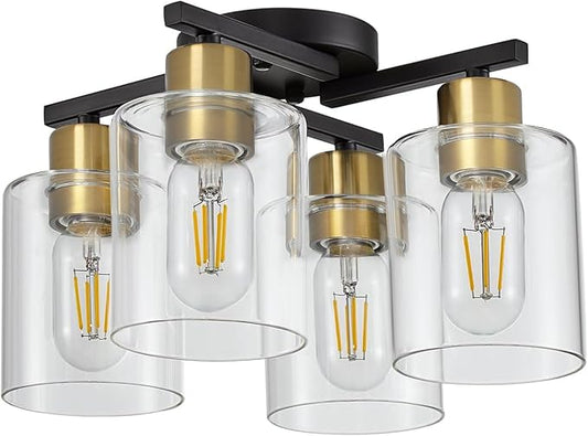 4-Light Semi Flush Mount Ceiling Light, Black and Gold Kitchen Lighting Fixtures Ceiling, Farmhouse Ceiling Light with Clear Glass Shade for Hallway, Living Room, Foyer, Bedroom