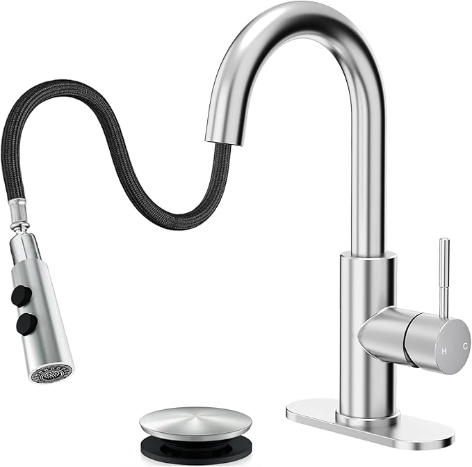 Fransiton Bathroom Faucets with Pull Down Sprayer, Bar Sink Faucet Single Hole for Kitchen Campers with Pop-Up Drain Hose, Suitable for Farmhouse Vanity Lavatory
