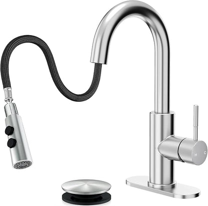 Fransiton Bathroom Faucets with Pull Down Sprayer, Bar Sink Faucet Single Hole for Kitchen Campers with Pop-Up Drain Hose, Suitable for Farmhouse Vanity Lavatory