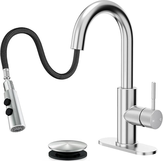 Fransiton Bathroom Faucets with Pull Down Sprayer, Bar Sink Faucet Single Hole for Kitchen Campers with Pop-Up Drain Hose, Suitable for Farmhouse Vanity Lavatory