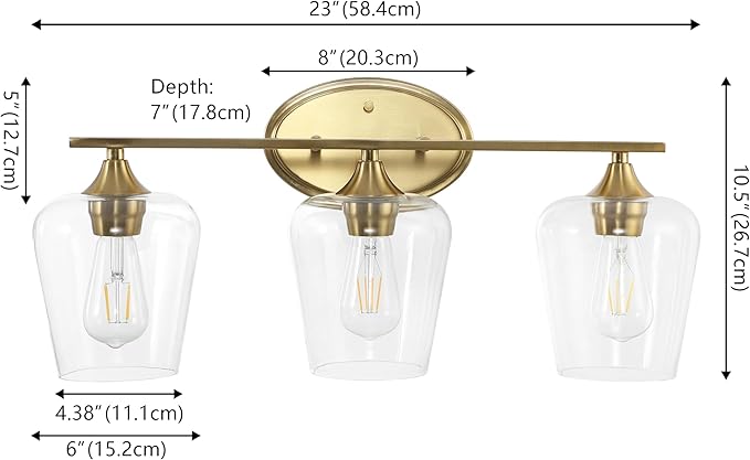 JONATHAN Y 23" Brass Gold 3-Light Farmhouse Rustic LED Vanity Light Sconce, Clear Glass Shade, Vintage Indoor Fixture for Bathroom Mirror, LED Bulb Included (JYL7547B)