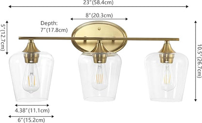 JONATHAN Y 23" Brass Gold 3-Light Farmhouse Rustic LED Vanity Light Sconce, Clear Glass Shade, Vintage Indoor Fixture for Bathroom Mirror, LED Bulb Included (JYL7547B)