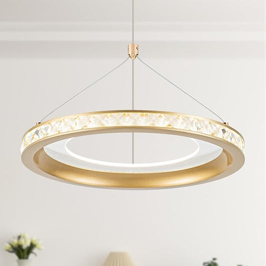 CHYING Modern Brushed Gold LED Crystal Pendant Light, 11.8" 24W 3500K Warm White Hanging Pendant Light Kitchen Island, Ring Ceiling Lights for Bedroom Dining Room Hallway Entryway