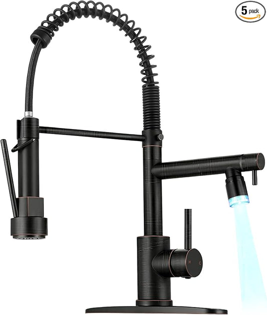 LED Kitchen Faucet with Pull Down Sprayer - ORB Single Handle Commercial Kitchen Faucets, 2-Spout Kitchen Sink Faucet, Stainless Steel Spring Pull Out Sink Faucet 1/3 Hole