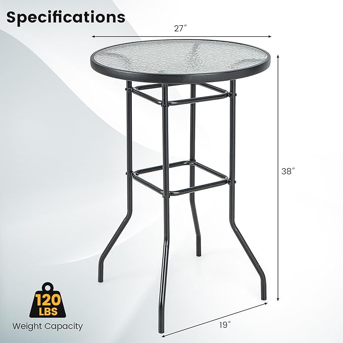 Giantex Patio Bar Table, 38" Height High Top Bistro Table, 27" Round Tempered Glass Tabletop, Heavy-Duty Metal Frame, Outdoor Table for Bistro Porch Garden Balcony