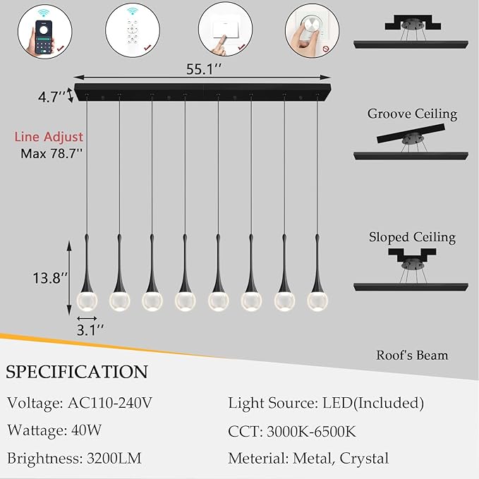 Rectangular Crystal Pendant Lights for Kitchen Island 8 Light Dimmable Crystal Chandelier Lighting Fixtures with Remote for Dining Room Living Room Black