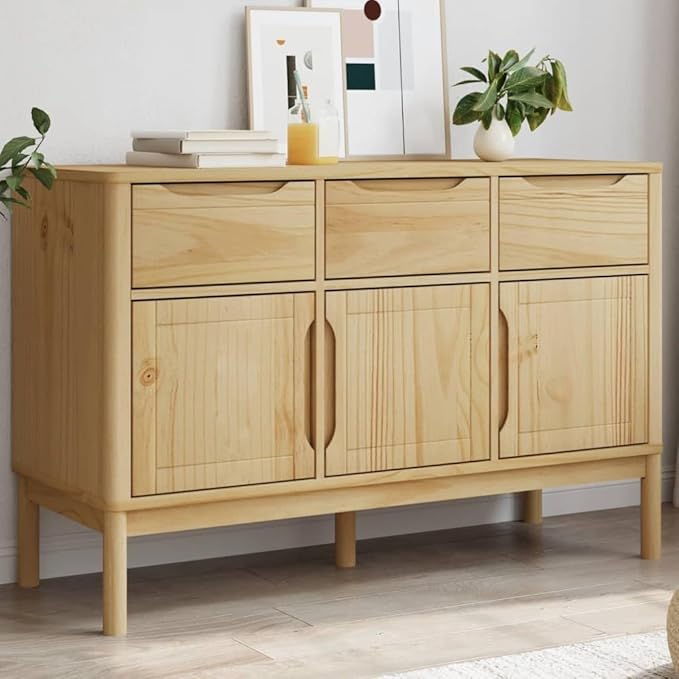Solid Pine Sideboard Buffet Cabinet with 4 Doors 2 Drawers, 44.9 x 44.9 x 29.1 in Coffee Bar Storage for Dining Room Kitchenette Living Spaces