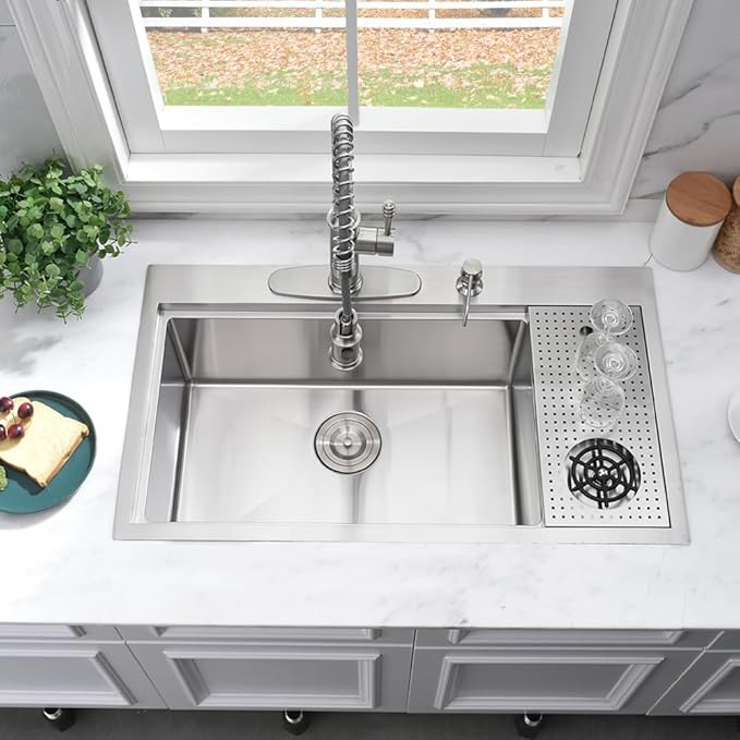 33 Inch Drop In Kitchen Sink with Cup Washer Workstation-Bokaiya 33x19 Stainless Steel Drop In Sink Ledge Workstation 16 Gauge Deep Top Mount Single Bowl Kitchen Sink