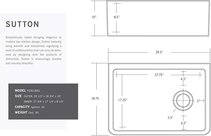 Fine fixtures Sutton Fireclay sink, 30" Apron Front Farmhouse Kitchen Sink. Solid (Not Hollow)