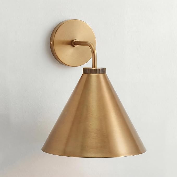 Retro Industrial Metal Cone Sconce Light - Vintage Inspired Modern Brass Wall Sconce with Metal Shade, Wall Mount Lighting for Bedroom, Hallway, Living Room (10.5“Dia x 12.5" H Brass)