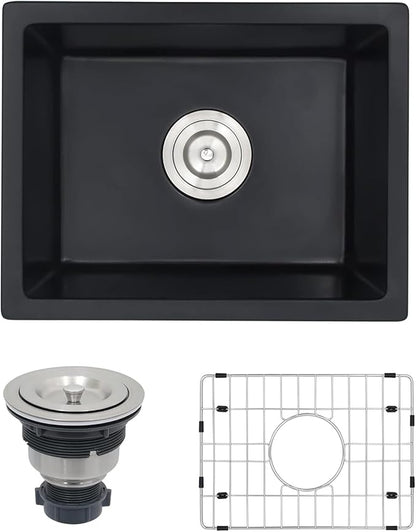 Black Bar Sink 18 x 14, Matte Black Granite Composite Undermount Kitchen Sinks, 18 Inch Quartz Stone Kitchen Sink With Sink Drain Assembly and Sink Bottom Grid