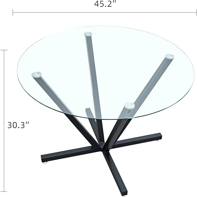 SSLine 45.2" Round Glass Dining Table for 4 Modern Circle Glass Tabletop Kitchen Table for 4 Luxury Dinner Tables with Black Metal Legs for Home Kitchen Dining Room(Table Only)