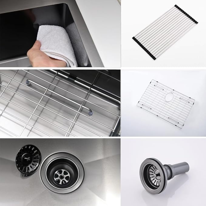 20-inch Drop In Bar Sink Black - VOKIM 20"x 19" Drop in Kitchen Sink Top Mount Handmade Small Kitchen Bar Sink 16 Gauge Stainless Steel Single Bowl sink Brushed Nickel, With Dish Grid