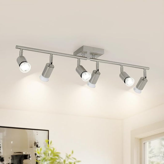 6-Light Nickel Kitchen Track Lighting, Adjustable GU10 Ceiling Light Fixture with Rotatable Heads, Modern Led Track Light for Kitchen, Dining Room, Hallway (Bulbs Not Included)