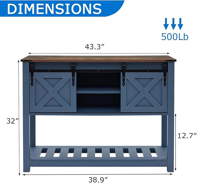 Entryway Table with Storage, Farmhouse Buffet Cabinet Coffee Bar Kitchen Island with Sliding Barn Doors & Shelves, Console Table for Kitchen, Dining Room, Living Room, Blue