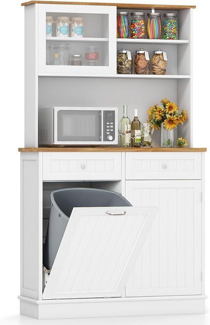 Giantex 68” Tall Kitchen Pantry, Buffet Hutch w/Tilt Out Trash Can Storage Cabinet, 2 Drawer, Shelves, Rubber Wood Microwave Countertop, Wood Sideboard Cupboard for Home Coffee Bar (White & Natural)