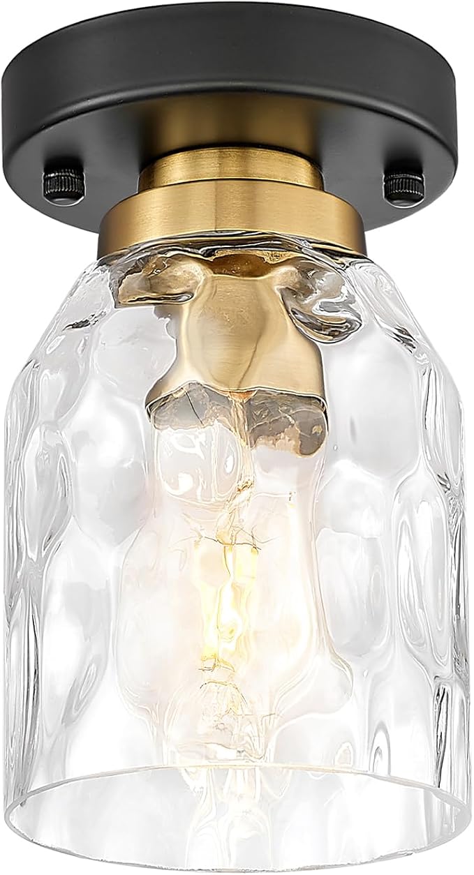 zeyu Industrial Semi Flush Mount Ceiling Light, Round Hallway Lighting Fixtures Ceiling for Kitchen Entryway, Water Ripple Glass Shade, Black and Gold Finish, ZG33F BK+BG-WG