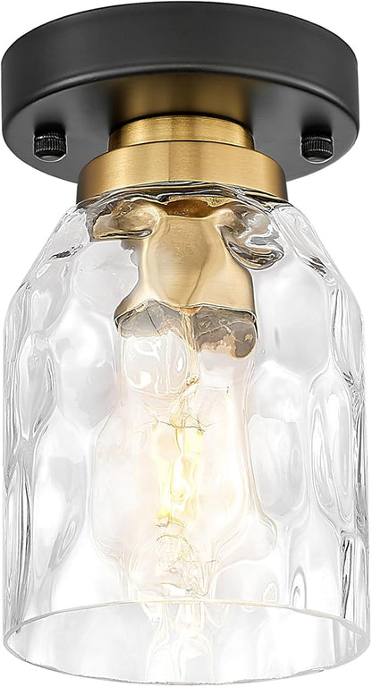 zeyu Industrial Semi Flush Mount Ceiling Light, Round Hallway Lighting Fixtures Ceiling for Kitchen Entryway, Water Ripple Glass Shade, Black and Gold Finish, ZG33F BK+BG-WG