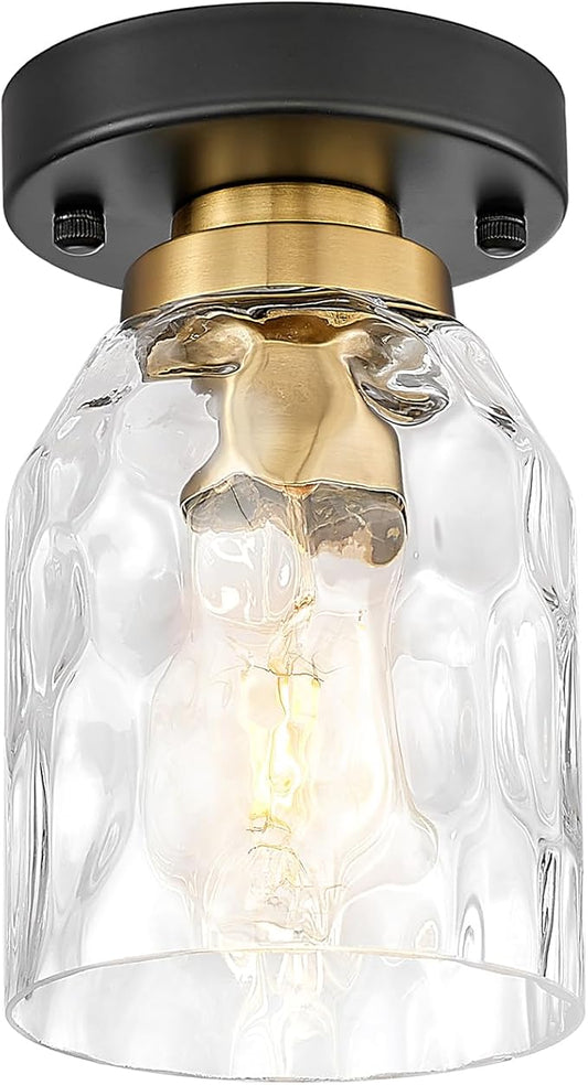 zeyu Industrial Semi Flush Mount Ceiling Light, Round Hallway Lighting Fixtures Ceiling for Kitchen Entryway, Water Ripple Glass Shade, Black and Gold Finish, ZG33F BK+BG-WG