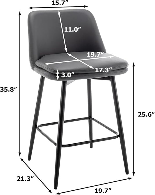 Counter Height Swivel Bar Stools Set of 2, 360° Swivel Upholstered Barstools with Back and Metal Legs, 25.6" Seat Height,Counter Stools for Kitchen Island and Pub,Faux Leather,Grey,for Living Room