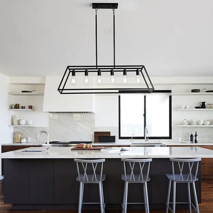 Black Kitchen Island Lighting, 6-Light Farmhouse Chandeliers, Modern Industrial Linear Rectangle Pendant Light Fixtures for Dining Room Kitchen Bar Foyer(Metal, E26 Base)