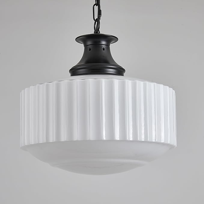 Vintage Ribbed Milk Glass Pendant Light Fixture, Mid‑Century Modern Chandelier, Antique Schoolhouse Pendant Lights for Kitchen Island, Dining Room, Entryway, Hallway, E26 Base,Matt Black