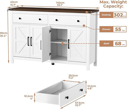 VVFLU 55" Modern Farmhouse Buffet Cabinet with Storage, Coffee Bar Cabinet with 2 Drawers and 4 Barn Doors, Sideboard Storage Cabinet for Kitchen, Dining Room, Living Room, White Wood