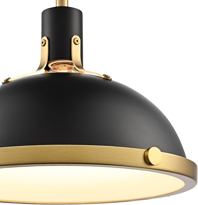 12.7 Inch Black and Gold Modern Pendant Lights, Industrial Dome Kitchen Island Pendant Lighting, 1-Light Small Ceiling Hanging Light Fixture with Opal Glass Diffuser, Over Sink Table Bar Hall
