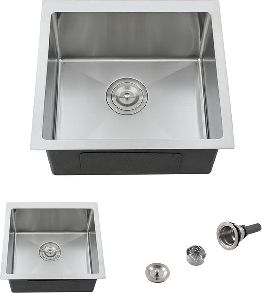 15 Inch Undermount Bar Sink, 15x15 Bar Sink Undermount Stainless Steel Small Wet Bar Sinks 18 Gauge Single Bowl Kitchen Prep Sinks with Basket Strainer
