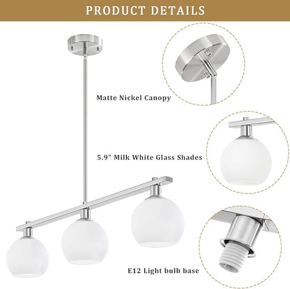 Modern Kitchen Island Lighting 3 Light Brushed Nickel Chandelier With Milk Glass Shades Farmhouse Linear Chandeliers for Dining Room Light Fixtures Over Table Hanging Pendant Lights for Living Room