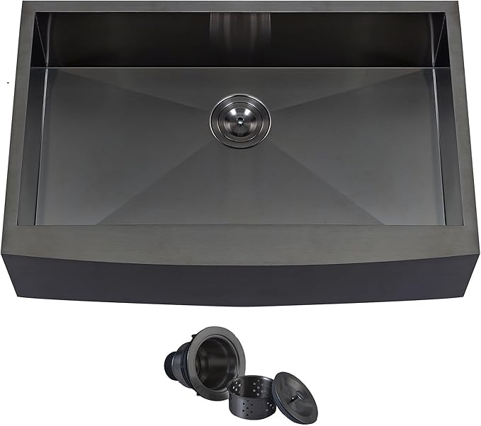 KINGO HOME Black Farmhouse Sink 33 Inch,16 Gauge Undermount Single Bowl 304 Stainless Steel Farmhouse Kitchen Sink, 9 Inch Deep Apron Front Gunmetal Black Farm Sink with drain