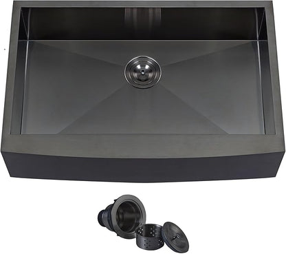 KINGO HOME Black Farmhouse Sink 33 Inch,16 Gauge Undermount Single Bowl 304 Stainless Steel Farmhouse Kitchen Sink, 9 Inch Deep Apron Front Gunmetal Black Farm Sink with drain