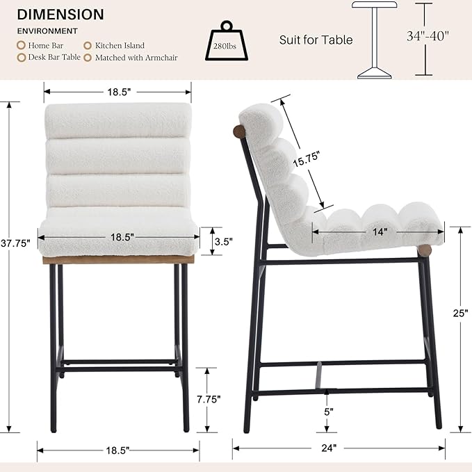 White Boucle Bar stools Set of 6, 25” Modern Upholstered Counter stools with Black Metal Legs, Sherpa Counter Height Chairs for Kitchen Island Armless Stool with Channel Tufted Back