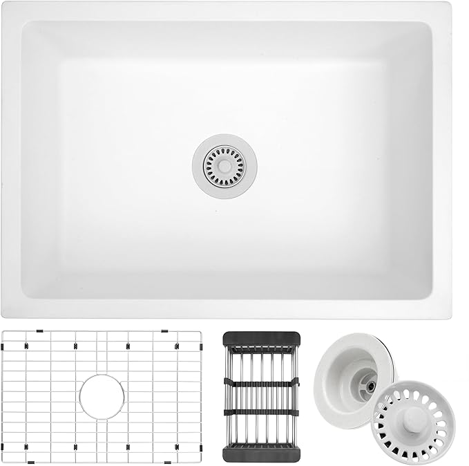 White Kitchen Sink, White Granite Composite Kitchen Sink, 27 Inch Undermount Quartz Stone Kitchen Sinks, 27" x 18" x 9" Single Bowl Kitchen Sinks With Accessories