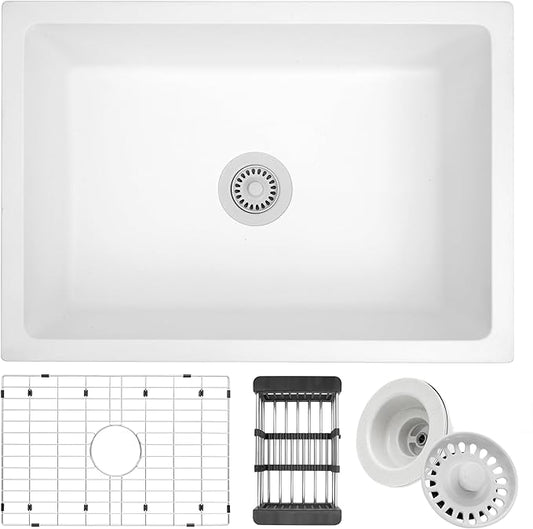 White Kitchen Sink, White Granite Composite Kitchen Sink, 27 Inch Undermount Quartz Stone Kitchen Sinks, 27" x 18" x 9" Single Bowl Kitchen Sinks With Accessories