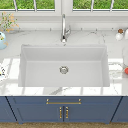 Lordear 33 Inch White Kitchen Sink Undermount Composite Granite Quartz Single Bowl Workstation 33x19x10 Inch Under Counter Kitchen Sinks