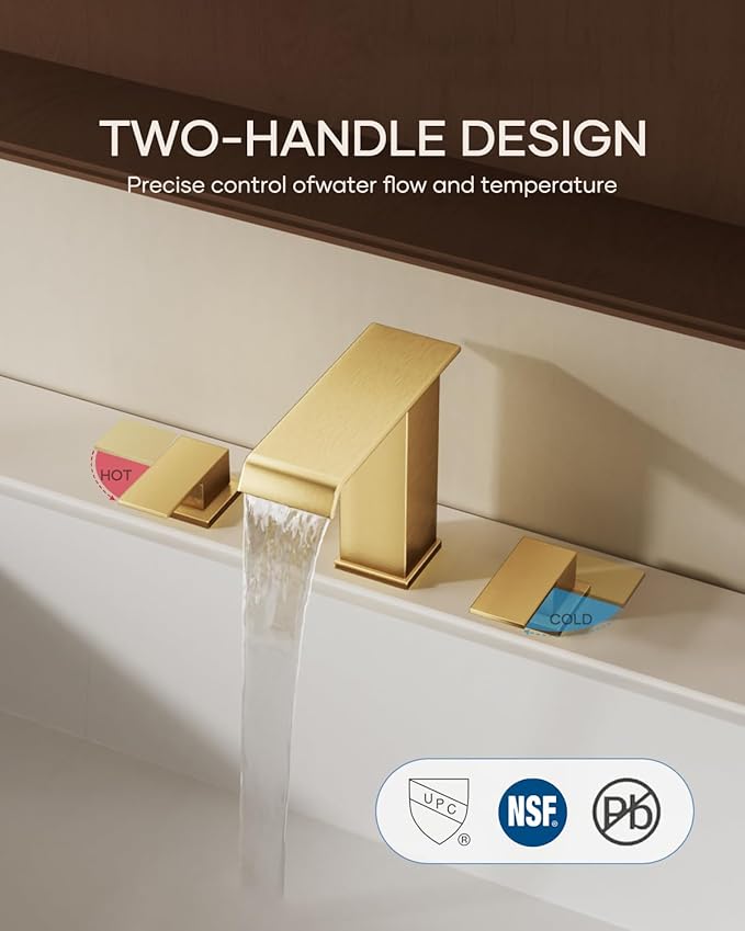 AVSIILE Waterfall Bathroom Faucet 3 Hole, Brushed Gold 8 Inch Widespread Modern 3 Piece Bathroom Sink Faucets & Parts, Touch On Lavatory Faucet for Bathroom Vanity