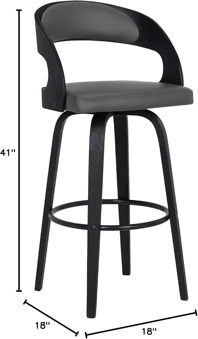 Armen Living Shelly 30" Bar Height Swivel Gray Faux Leather and Black Wood Bar Stool