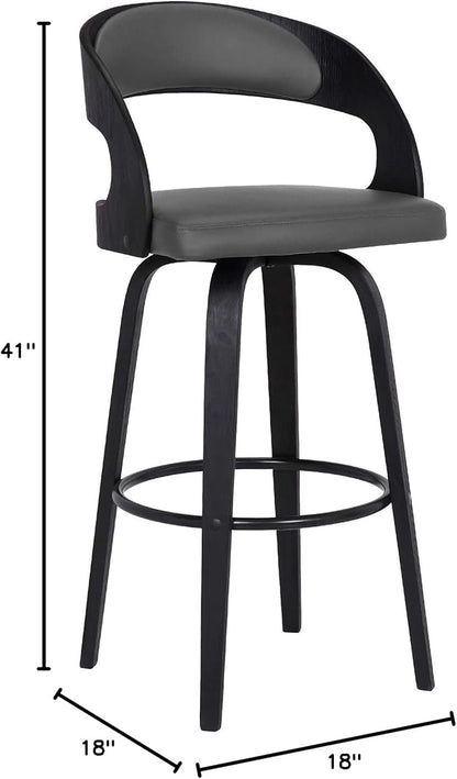 Armen Living Shelly 30" Bar Height Swivel Gray Faux Leather and Black Wood Bar Stool