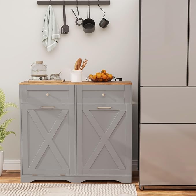 Giantex Kitchen Island with Tilt Out Trash Can Storage & Power Outlet, 39.5" W Island Table with 2 Drawers, 2-Tier Spice Racks, Adjustable Shelf for Dining Room, Laundry Room (Grey+Walnut)