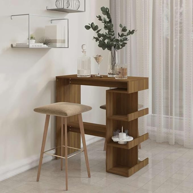 Brown Oak Engineered Wood Bar Table with Storage Rack, 3 Shelves for Kitchen Dining Room Living Room, Modern Medium Storage Table for Home Bar and Casual Meals