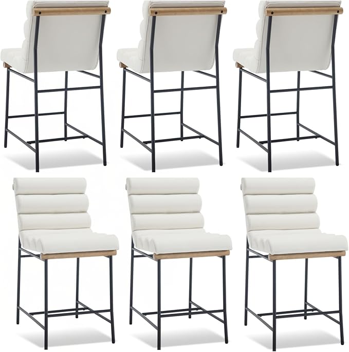 White Pu Leather Bar stools Set of 6, 25” Modern Upholstered Counter stools with Black Metal Legs, Armless Counter Height Chairs with Channel Tufted Back for Kitchen Island Home Pub