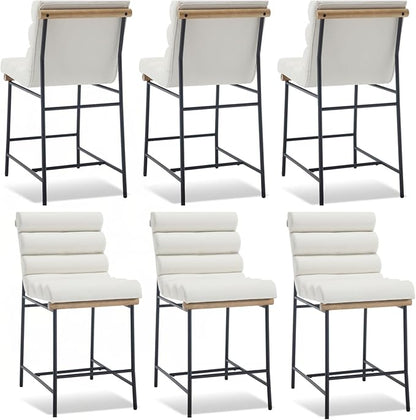 White Pu Leather Bar stools Set of 6, 25” Modern Upholstered Counter stools with Black Metal Legs, Armless Counter Height Chairs with Channel Tufted Back for Kitchen Island Home Pub