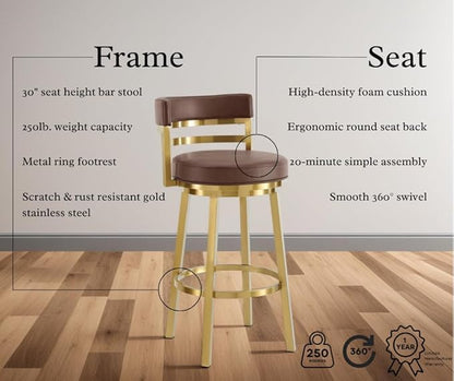 Armen Living Madrid 30" Seat Height Swivel Modern Vintage Coffee Faux Leather and Gold Brushed Stainless Steel Bar Stool for Kitchen Island Counter