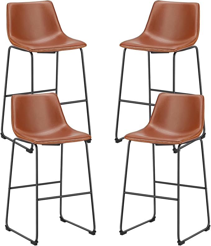 Sweetcrispy Counter Height Bar Stools Set of 4, 30 inch Height Stool Faux Leather Barstools with Back, Armless Kitchen Island Countertop Comfortable Modern Chairs with Metal Legs, Warm Brown