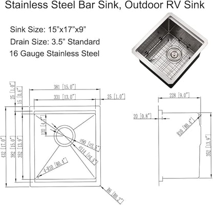 Undermount Bar Sink Stainless Steel, 15 x 17 Inch Undermount Workstation Small 16 Gauge Single Bowl Outdoor Kitchen Bar Prep Sink
