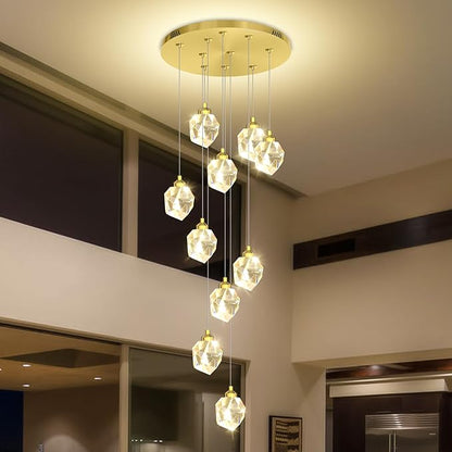 10-Lights Gold Crystal Chandeliers for Living Room 120 inches Long Staircase Chandelier Foyer Entrance Crystal Ceiling Light High Ceiling Chandeliers LED Dimmable 3000-6000K