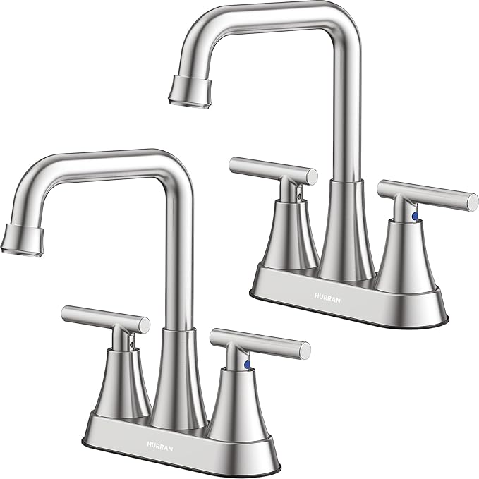 Bathroom Sink Faucet, Hurran 4 inch Brushed Nickel Bathroom Faucets for Sink 3 Hole with Pop-up Drain and Supply Hoses, 2-Handle Centerset Faucet for Vanity RV Farmhouse, 2 Pack